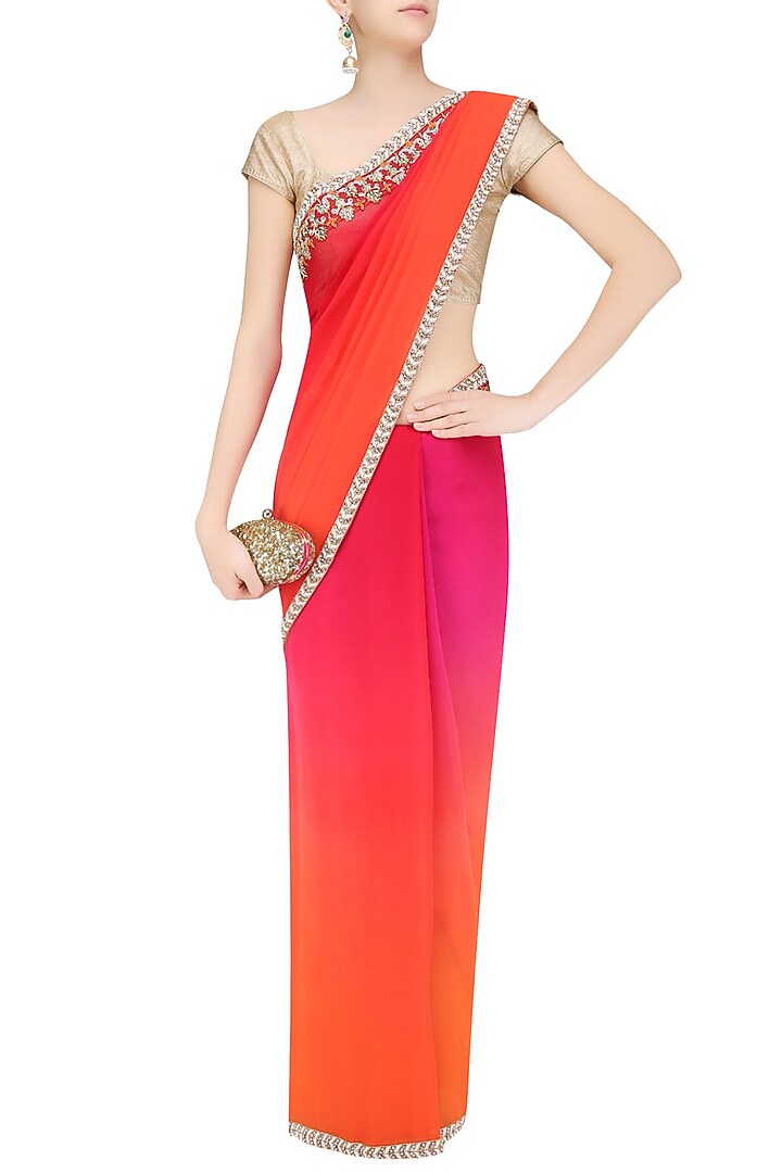 Orange and pink shaded embroidred motifs saree available only at Pernia's Pop Up Shop.