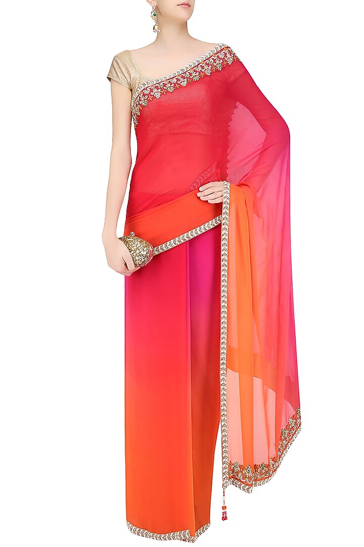 Orange and pink shaded embroidred motifs saree available only at Pernia's Pop Up Shop.