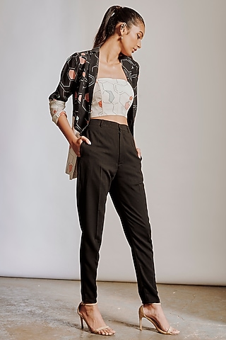 Black Printed Crepe Jacket by Pocket Stories