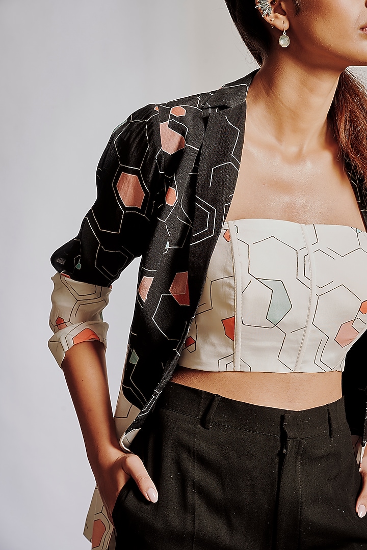 Black Printed Crepe Jacket by Pocket Stories at Pernia's Pop Up Shop