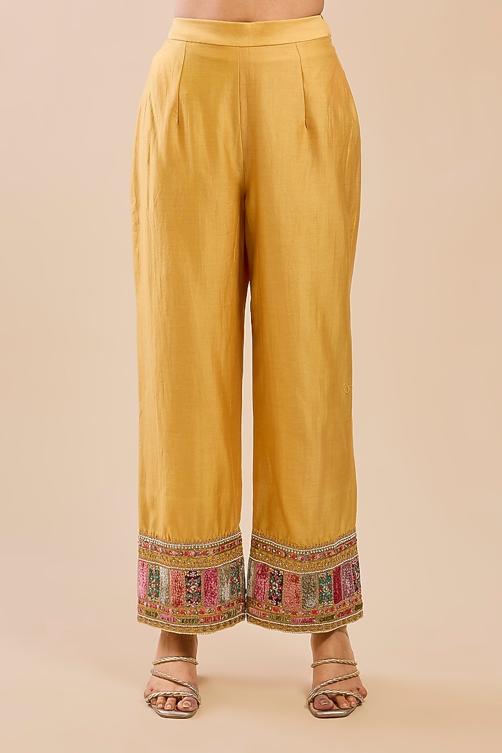 Yellow Chanderi & Organza Patch Work Kurta Set by Petticoat Lane at Pernia's Pop Up Shop