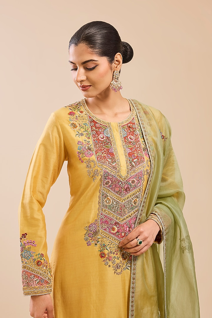 Yellow Chanderi & Organza Patch Work Kurta Set by Petticoat Lane at Pernia's Pop Up Shop