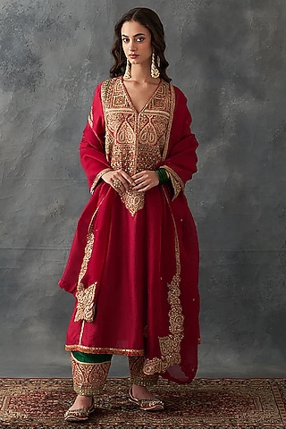 Crimson Red Chanderi & Organza Embroidered Kurta Set by Petticoat Lane