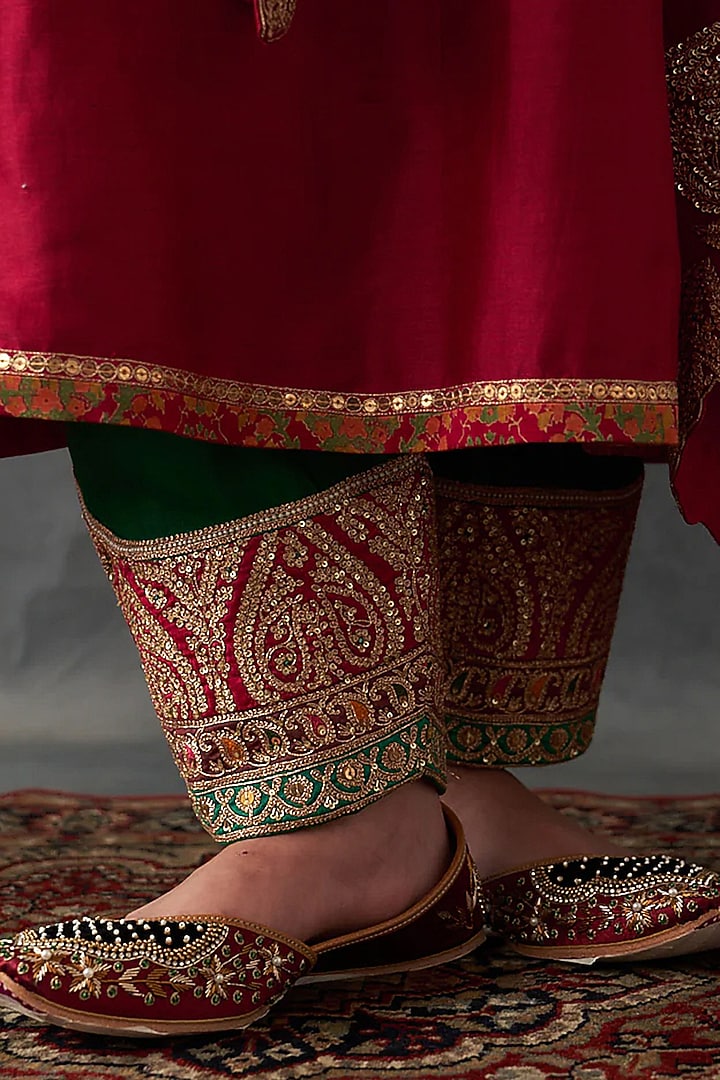Crimson Red Chanderi & Organza Embroidered Kurta Set by Petticoat Lane at Pernia's Pop Up Shop