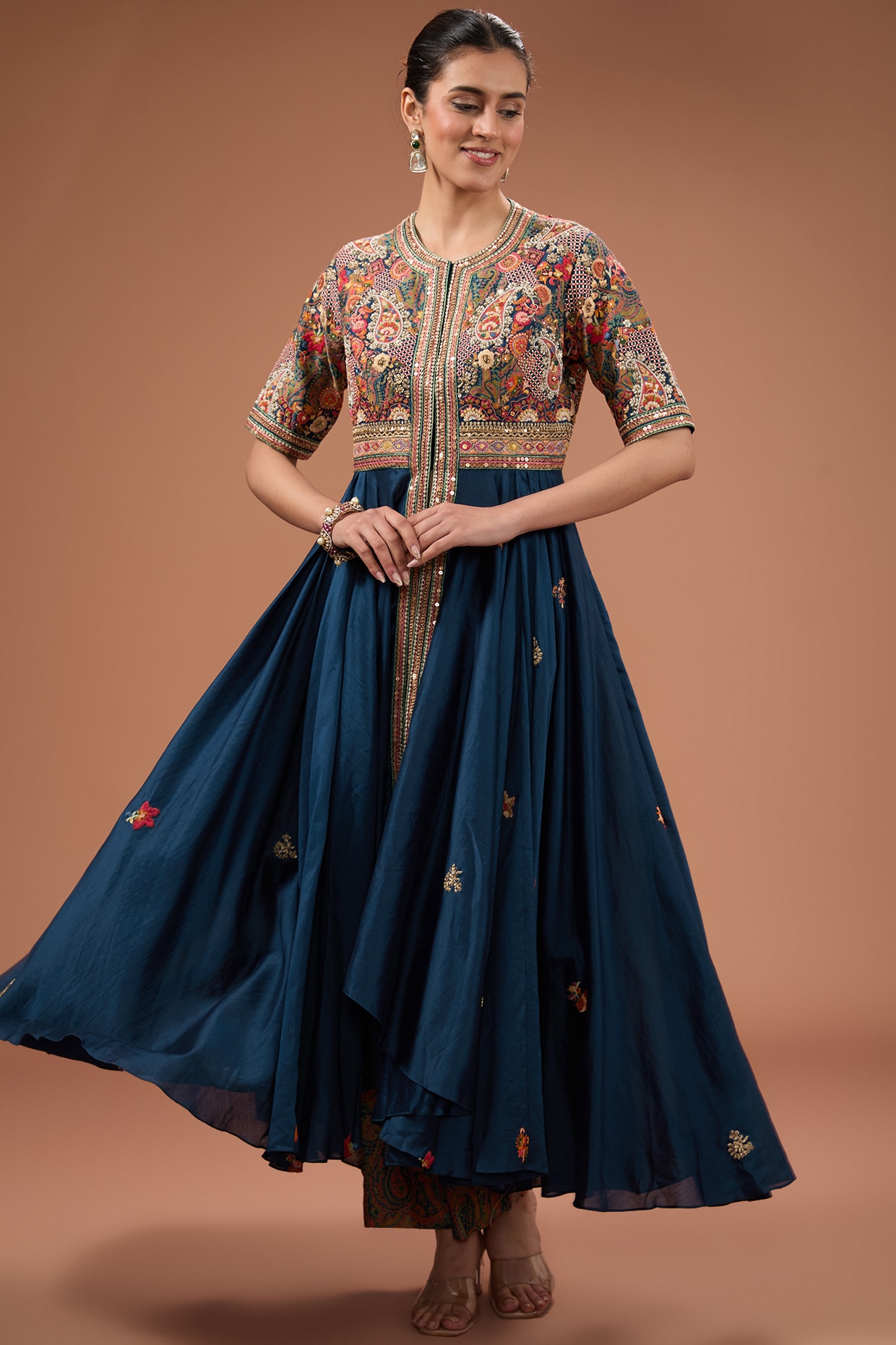 Embroidered Yoke Chanderi Silk Anarkali Suit in Dark Brown : KUMT167