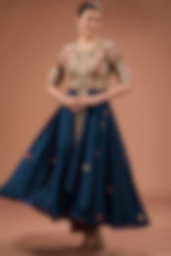 Blue Chanderi Dori Embroidered Asymmetric Kalidar Wedding Anarkali Set by Petticoat Lane at Pernia's Pop Up Shop