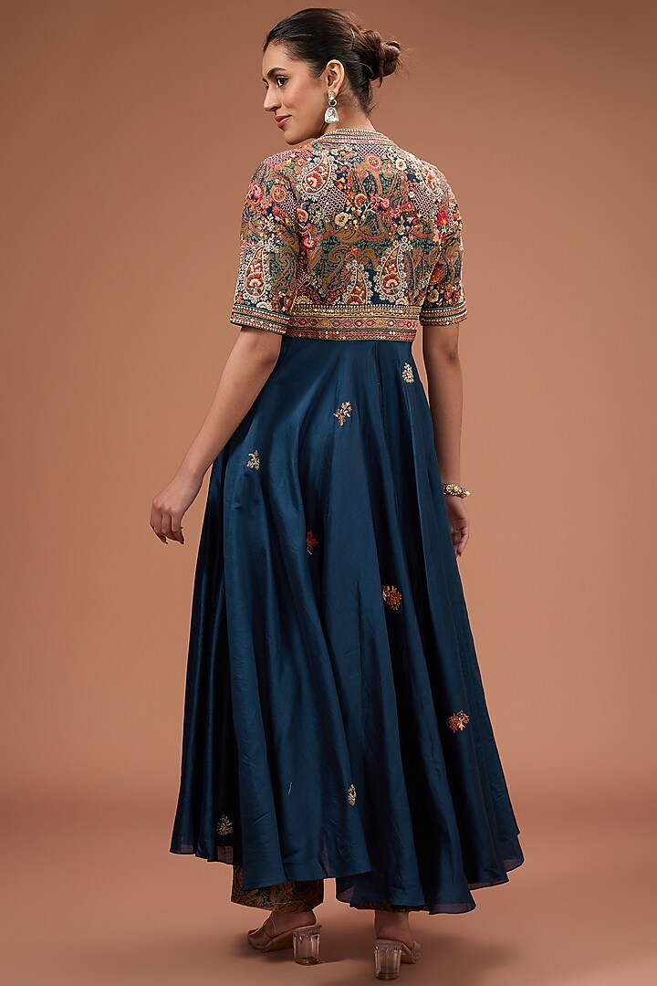 Blue Chanderi Dori Embroidered Asymmetric Kalidar Wedding Anarkali Set by Petticoat Lane at Pernia's Pop Up Shop