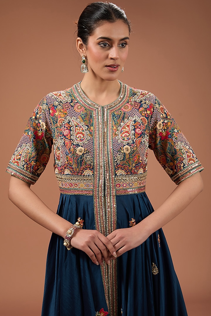 Blue Chanderi Dori Embroidered Asymmetric Kalidar Wedding Anarkali Set by Petticoat Lane at Pernia's Pop Up Shop