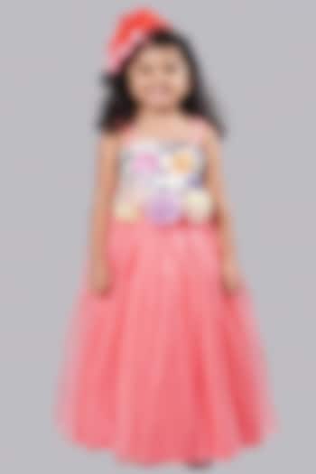 Peach Printed & Embellished Flared Gown For Girls by Pink Cow