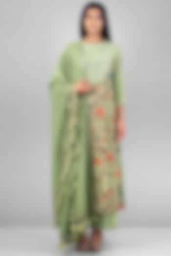 Mint Green Floral Embroidered Kurta Set by Purvi Doshi