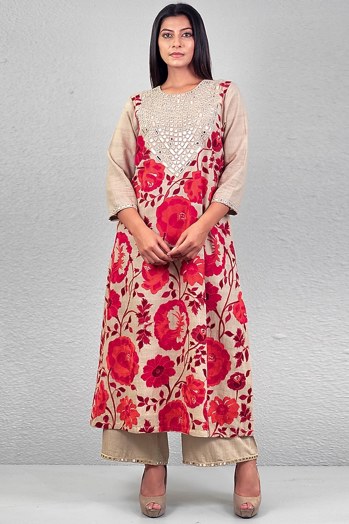 Beige Floral Embroidered Kurta Set by Purvi Doshi at Pernia's Pop Up Shop