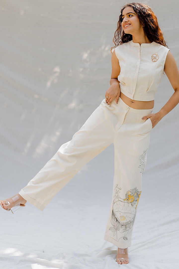 Off-White Embroidered Crop Top by Purvi Doshi
