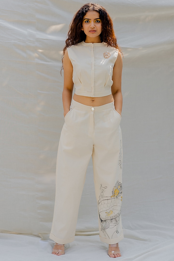 Off-White Hand Painted Boyfriend Pants by Purvi Doshi