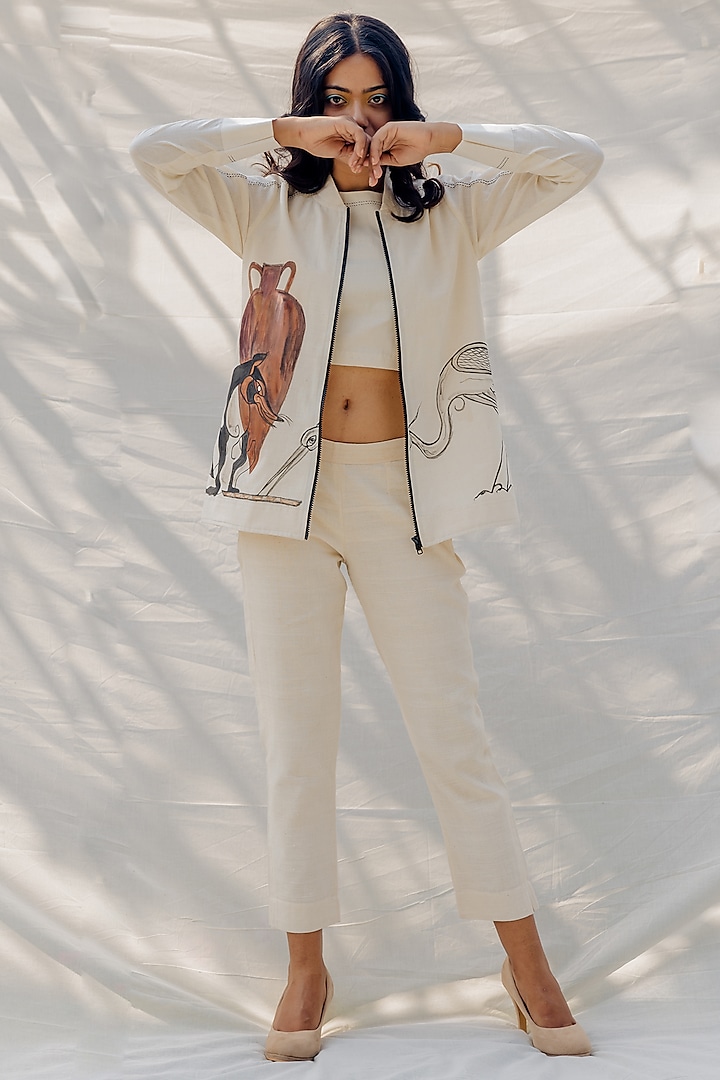 Off-White Hand Embroidered Bomber Jacket by Purvi Doshi