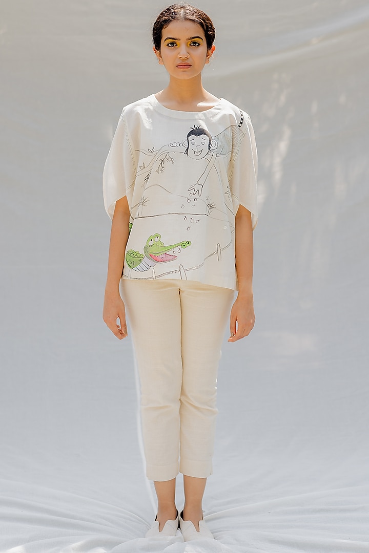 Off-White Hand-Painted Short Top by Purvi Doshi