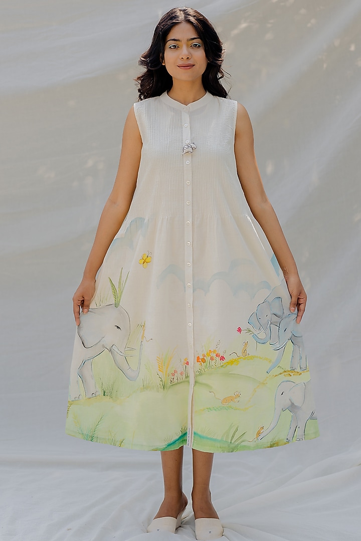Off-White Hand-Painted Pintucked Sleeveless Dress by Purvi Doshi
