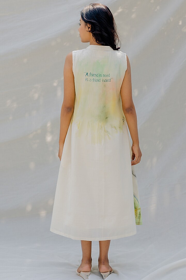 Off-White Hand-Painted Pintucked Sleeveless Vacation Dress by Purvi Doshi at Pernia's Pop Up Shop