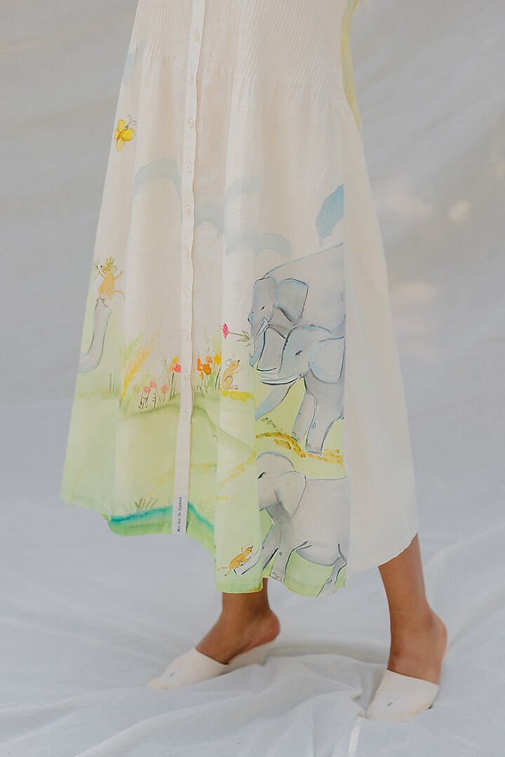 Off-White Hand-Painted Pintucked Sleeveless Vacation Dress by Purvi Doshi at Pernia's Pop Up Shop