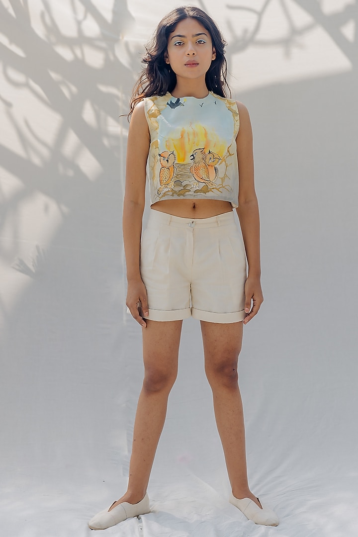 Off-White Hand-Painted Crop Top by Purvi Doshi