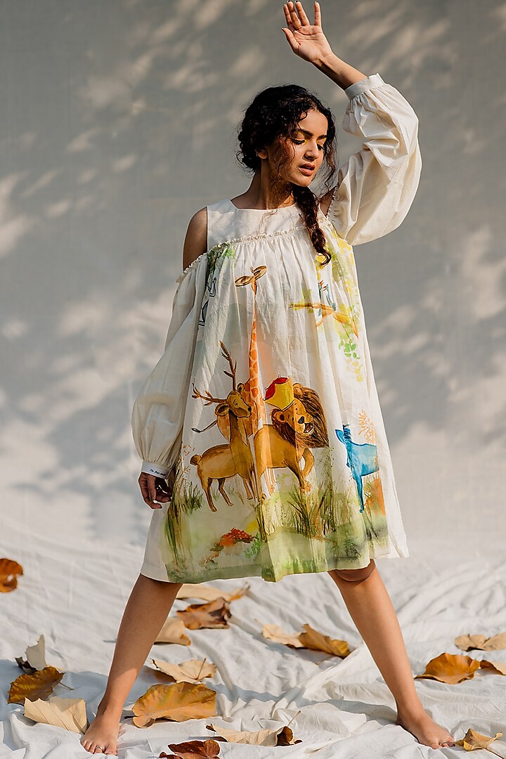 Off-White Cold-Shoulder Gathered Dress by Purvi Doshi