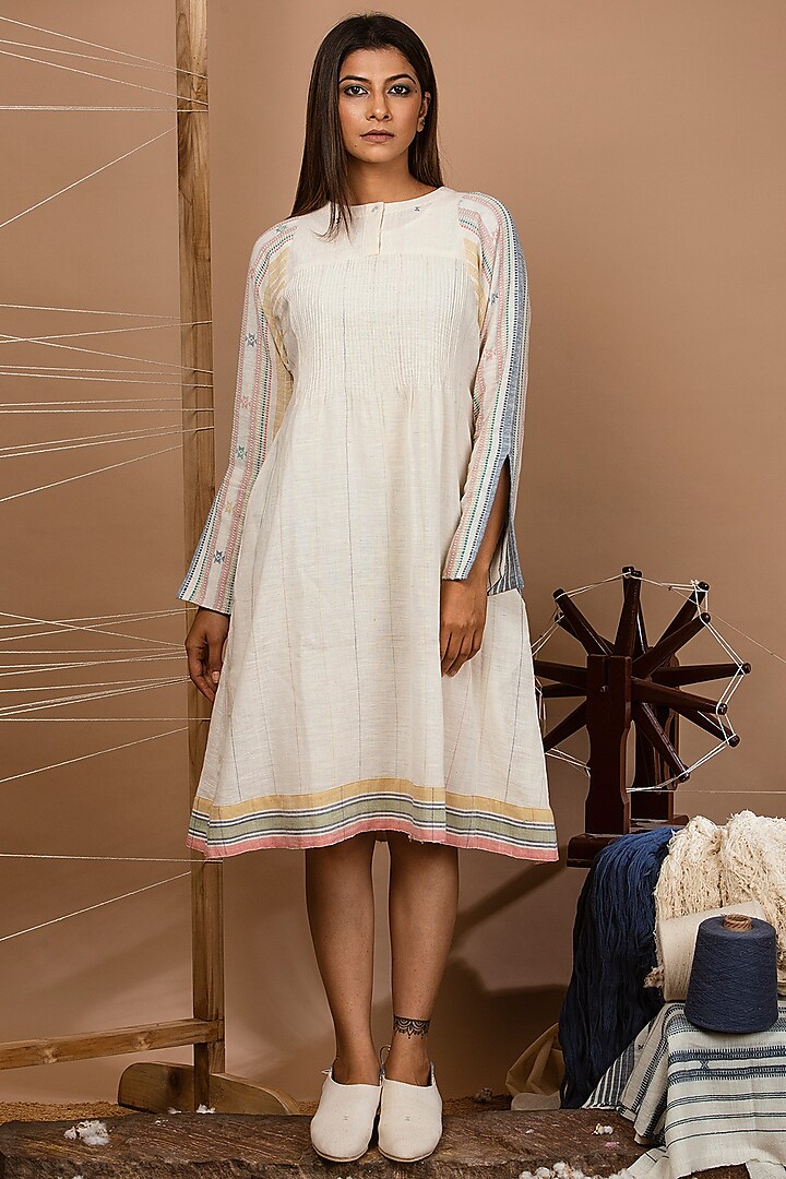 Off White Striped Dress With Slits by Purvi Doshi