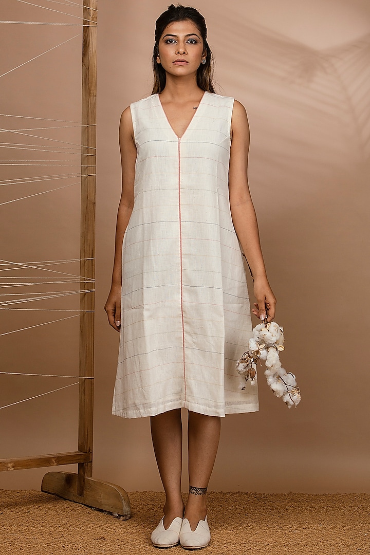 Off White Handwoven A-Line Dress by Purvi Doshi