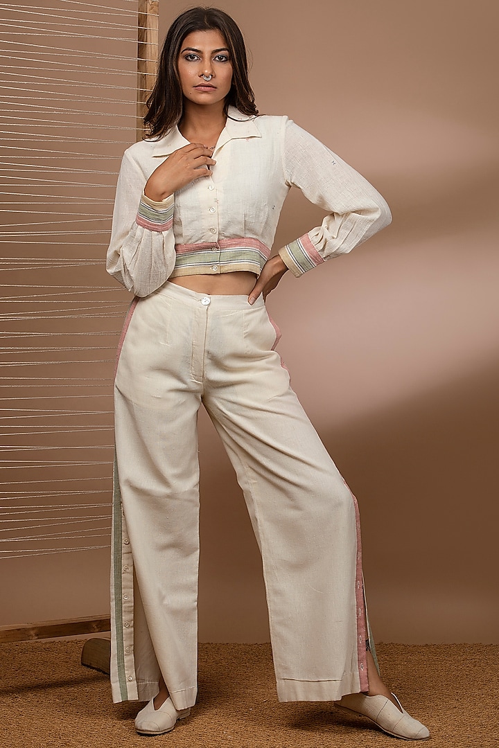 Off White Crop Top With Collar by Purvi Doshi