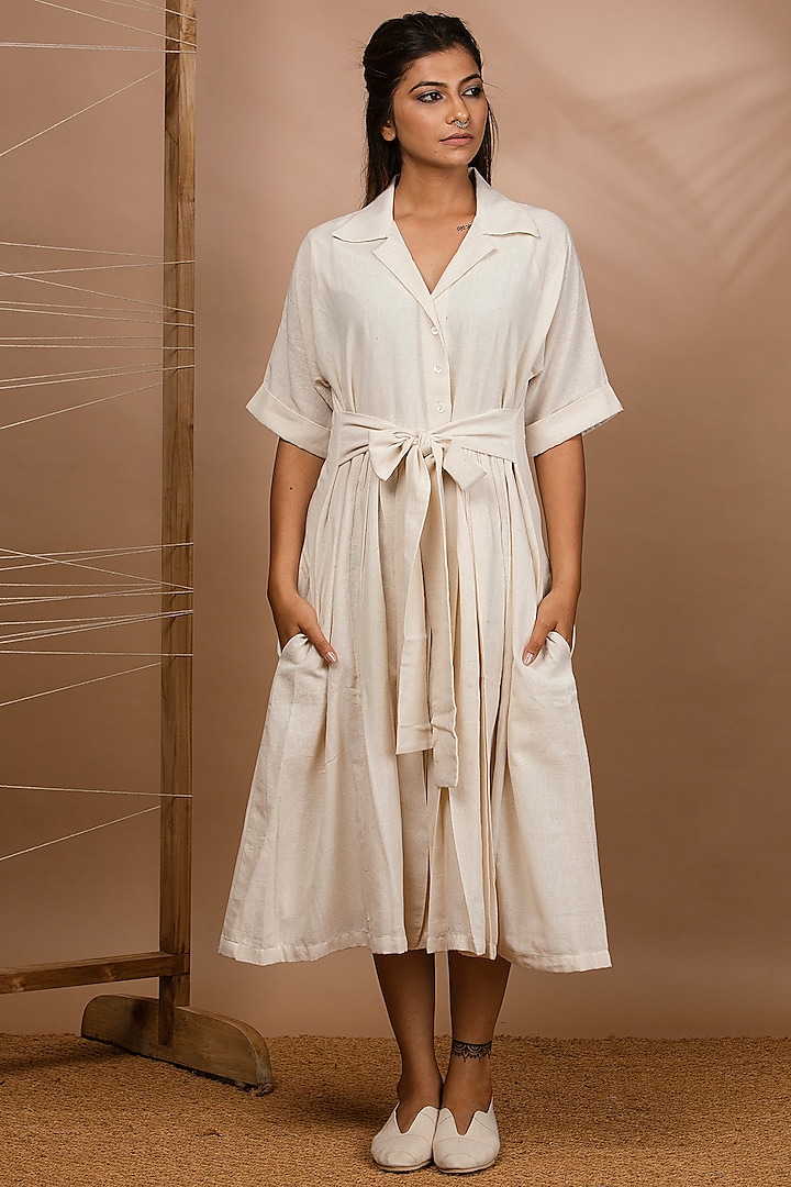Off White Collared Dress With Attached Belt by Purvi Doshi