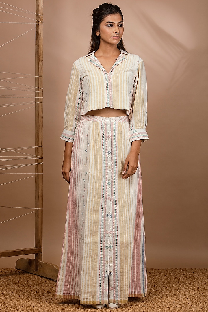 Off White Handwoven Striped Shirt by Purvi Doshi