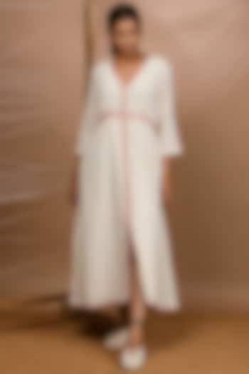 Off White Handwoven Pleated Dress by Purvi Doshi