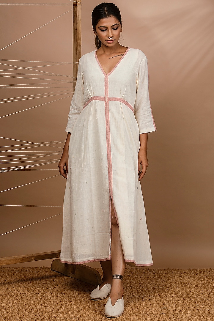 Off White Handwoven Pleated Dress by Purvi Doshi