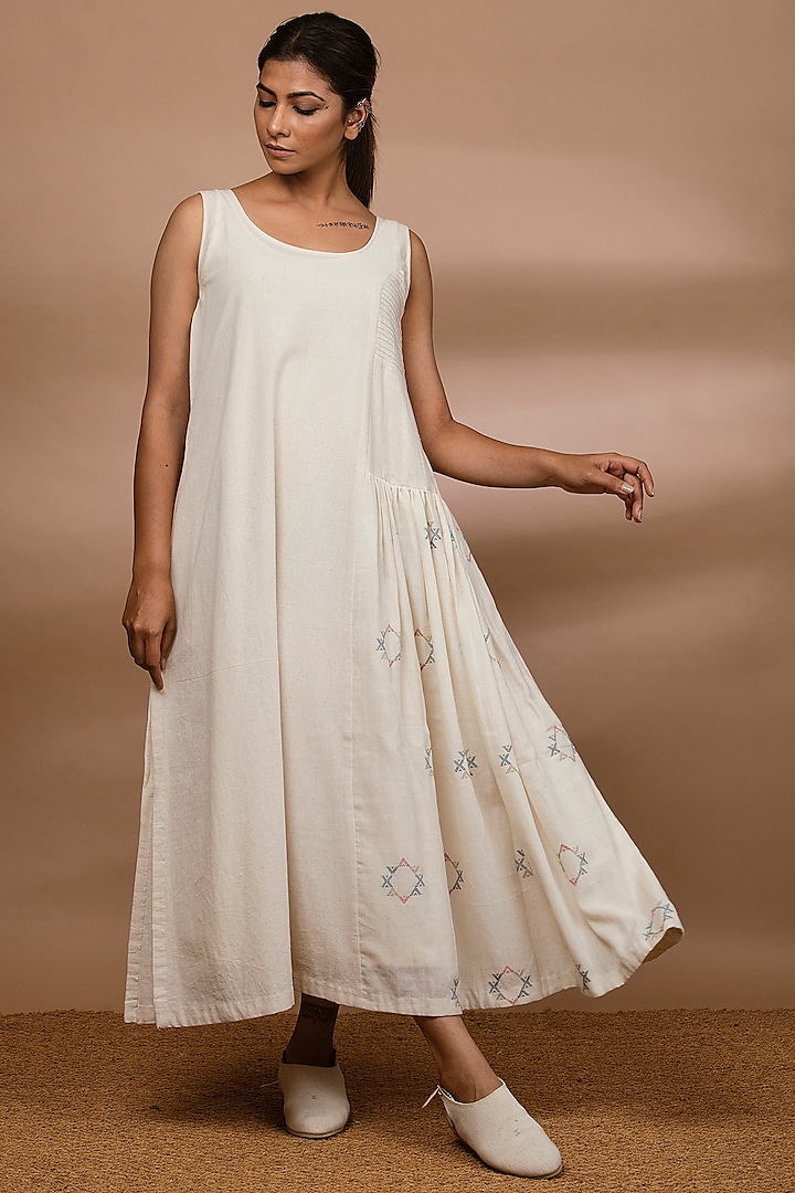 Off White Handwoven Asymmetric Dress by Purvi Doshi