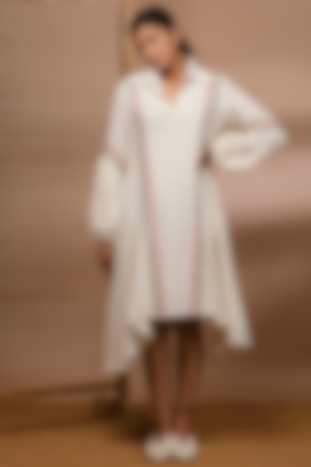 Off White Handwoven Dress With Puff Sleeves by Purvi Doshi