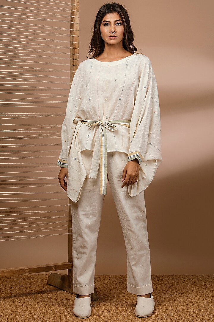 Off White Embroidered Kaftan Top With Belt by Purvi Doshi