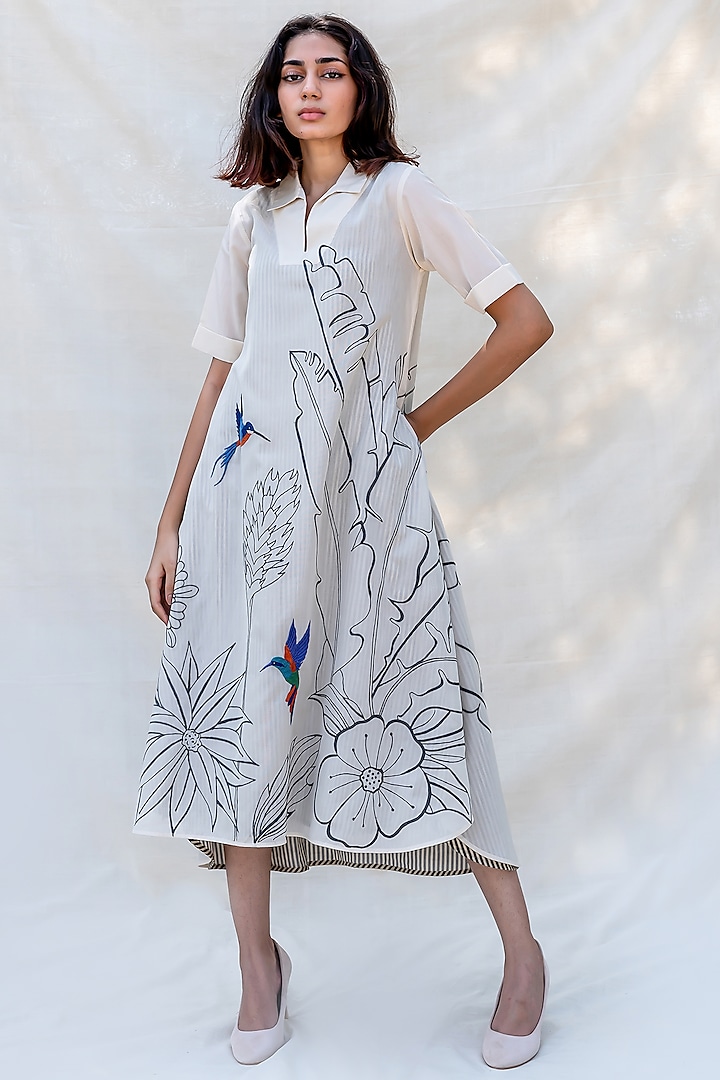 Off White Embroidered Dress With Side Slit by Purvi Doshi