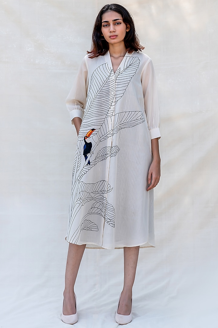Off White Embroidered Midi Shirt Dress  by Purvi Doshi