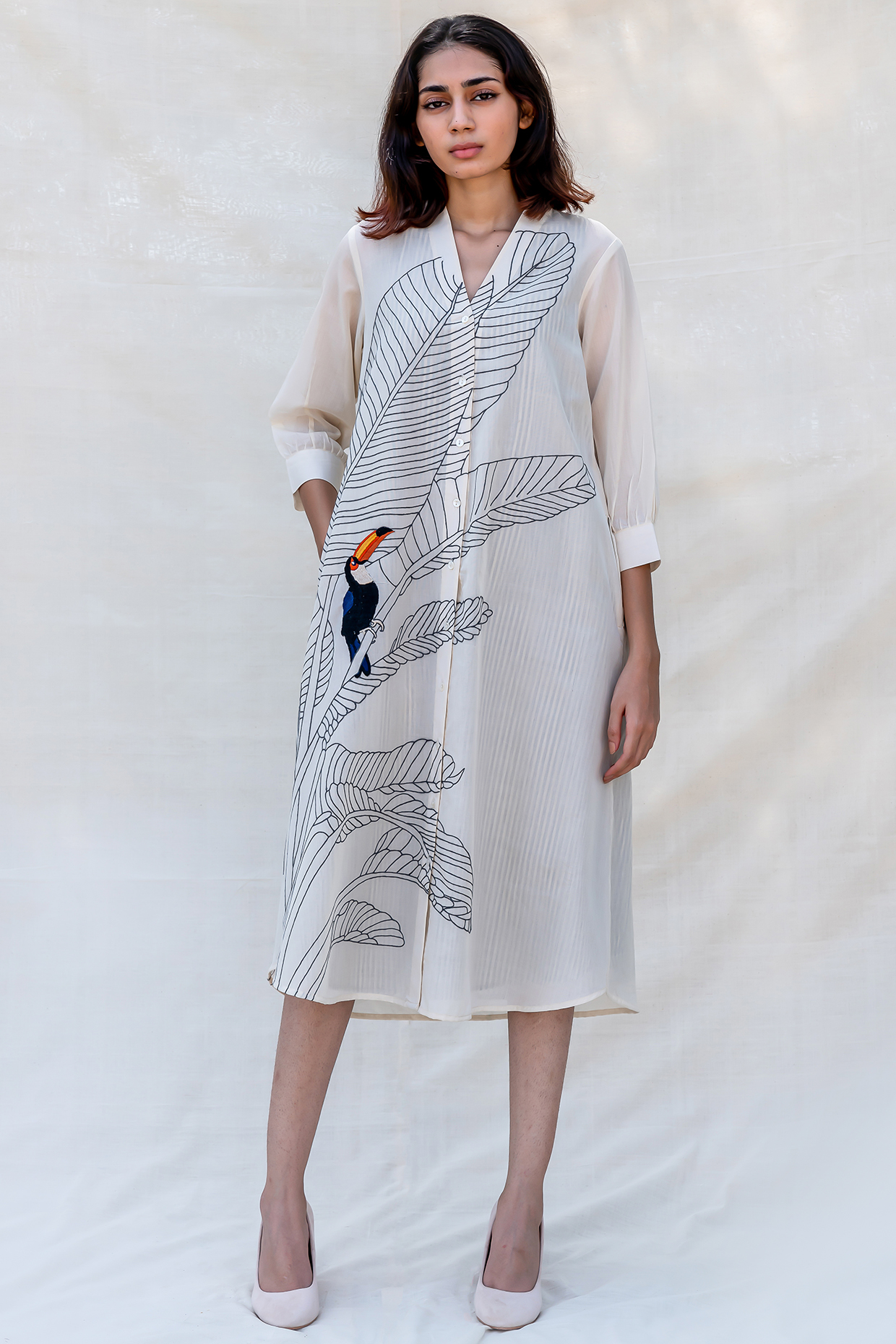 Off White Embroidered Midi Shirt Summer Dress  by Purvi Doshi at Pernia's Pop Up Shop