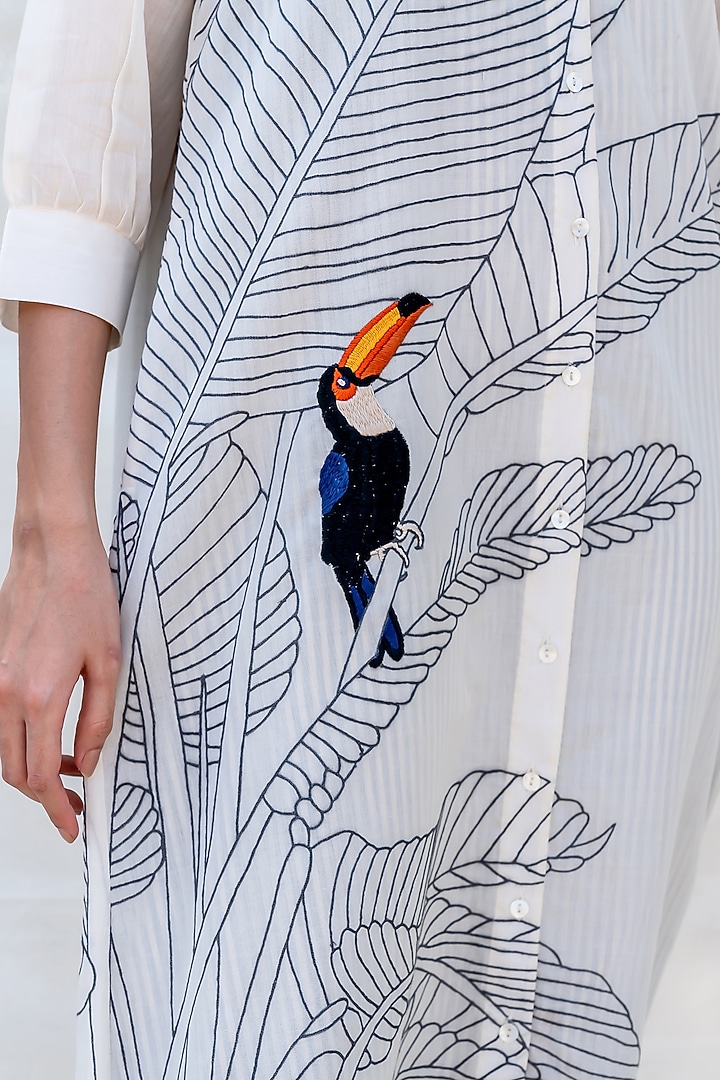 Off White Embroidered Midi Summer Shirt Dress by Purvi Doshi at Pernia's Pop Up Shop