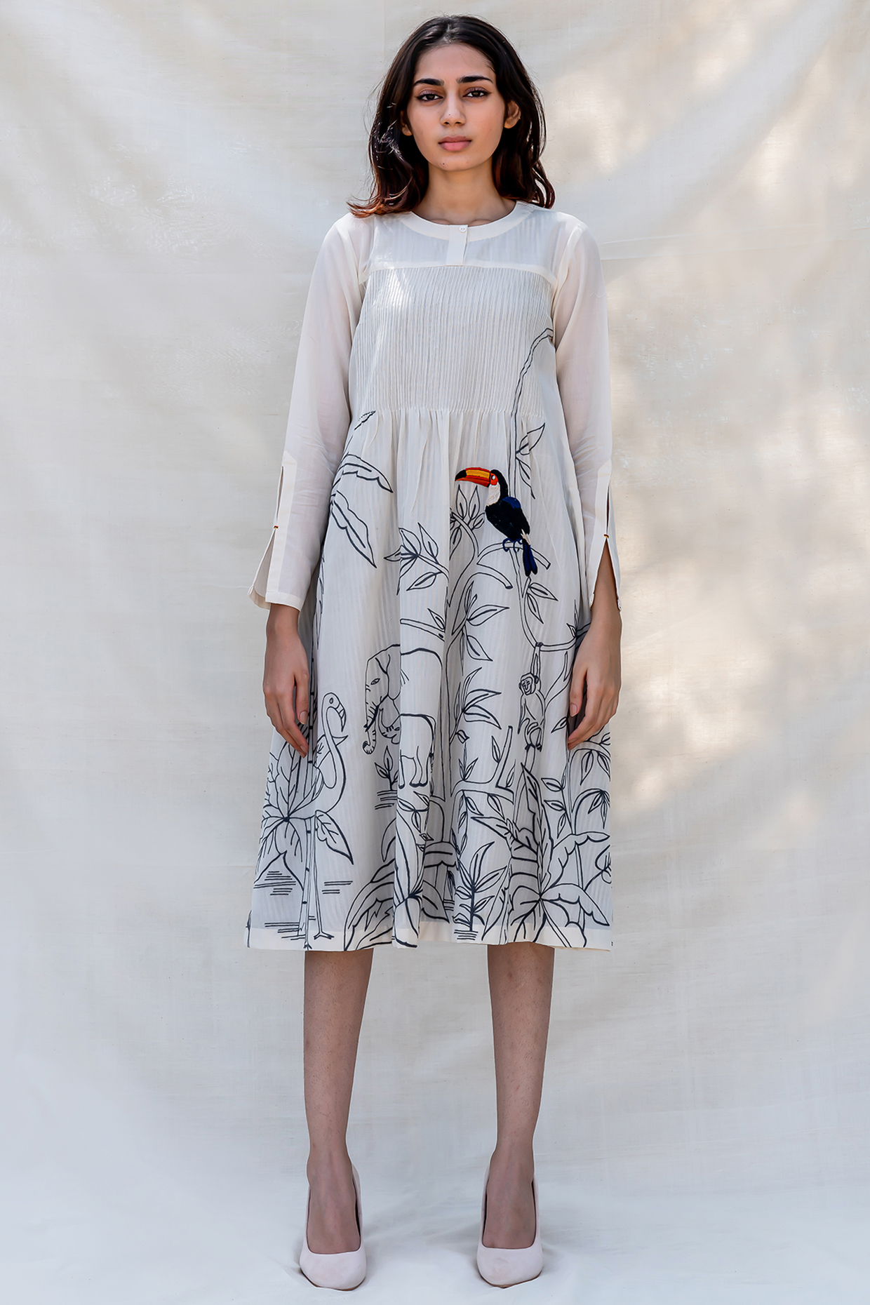 Off White Embroidered Pintucked Vacation Dress  by Purvi Doshi at Pernia's Pop Up Shop