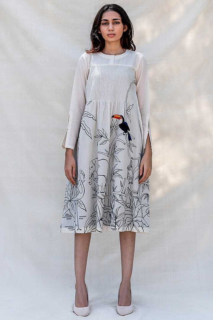 Off White Embroidered Pintucked Dress  by Purvi Doshi