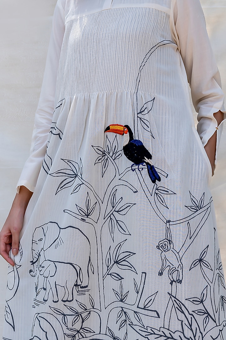 Off White Embroidered Pintucked Vacation Dress by Purvi Doshi at Pernia's Pop Up Shop