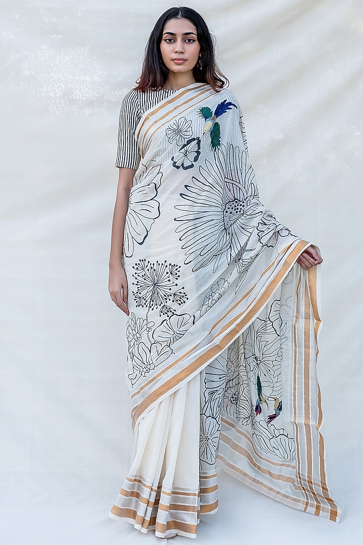 Off White Hand Embellished Saree by Purvi Doshi