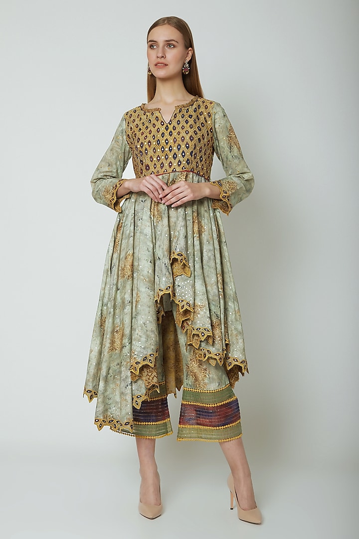 Multi Colored Embroidered & Printed Kurti With Pleated Pants by Poonam Dubey Designs