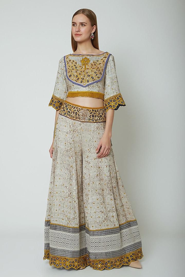Multi Colored Embroidered & Printed Crop Top With Pants by Poonam Dubey Designs