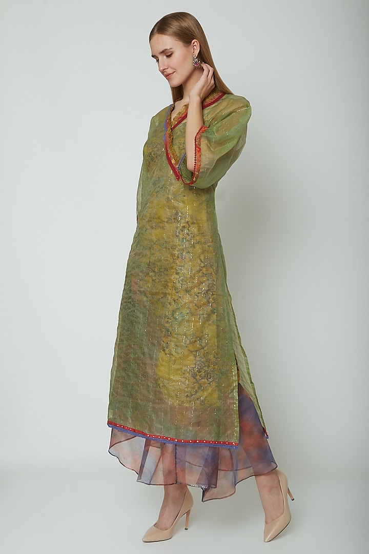 Mustard Yellow Embroidered & Printed Organza Jacket With Long Dress. by Poonam Dubey Designs