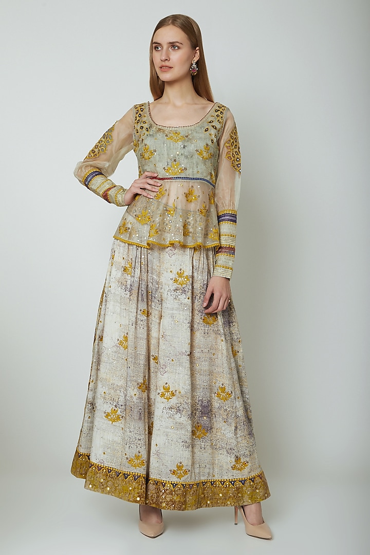Multi Colored Embroidered Printed Top With Sharara Pants by Poonam Dubey Designs