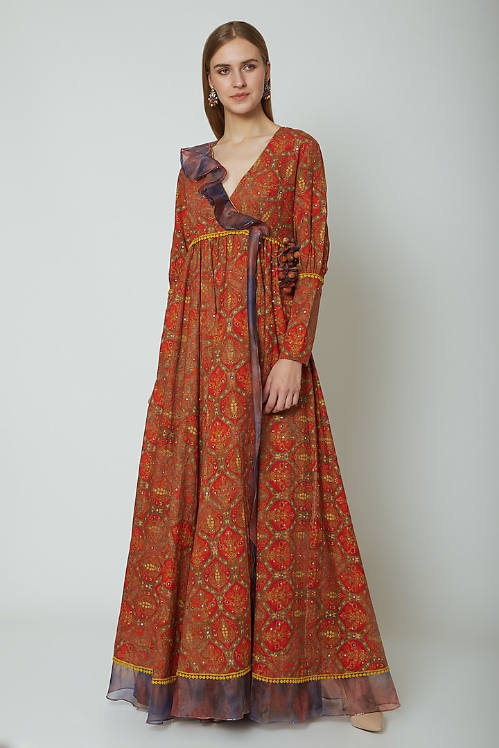 Red Embroidered & Printed Angrakha Style Dress by Poonam Dubey Designs at  Pernia's Pop Up Shop 2026