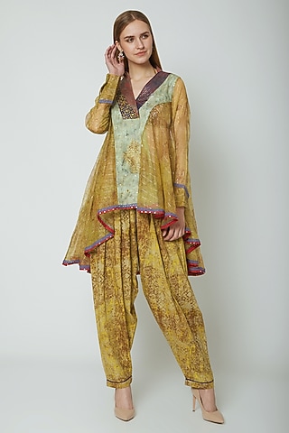 Mustard Yellow Embroidered & Printed Kurta With Dhoti Pants by Poonam Dubey Designs