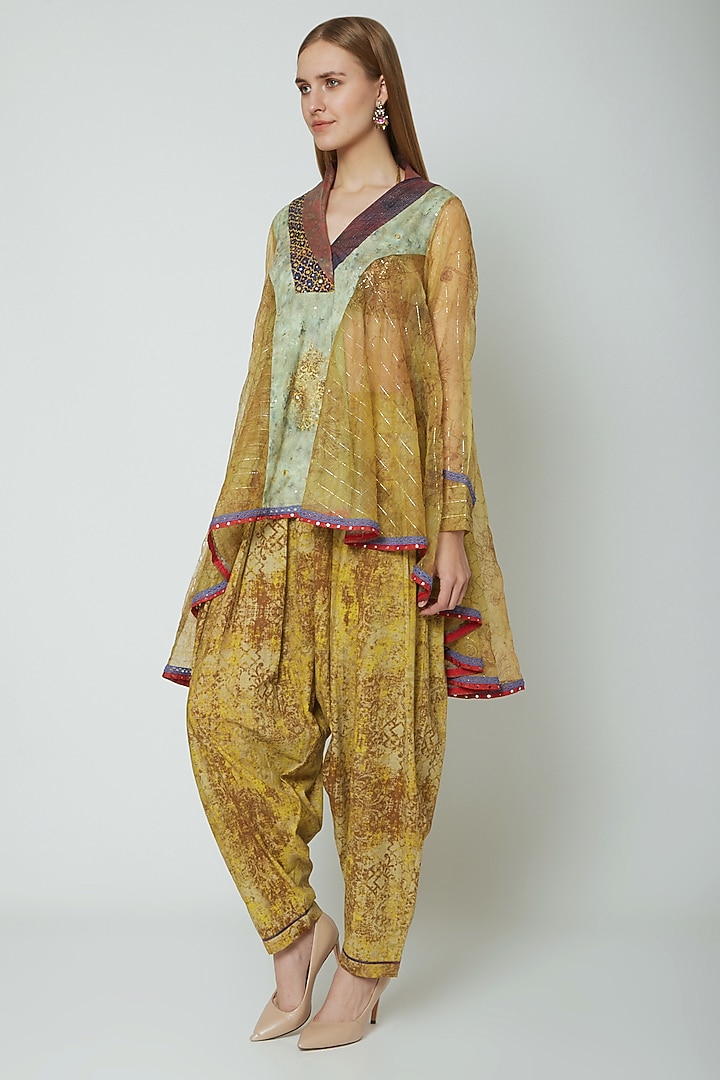 Mustard Yellow Embroidered & Printed Kurta With Dhoti Pants by Poonam Dubey Designs at Pernia's Pop Up Shop