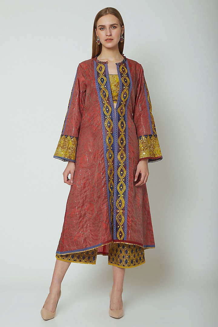 Red Embroidered Printed Jacket With Pants & Inner Design by Poonam ...